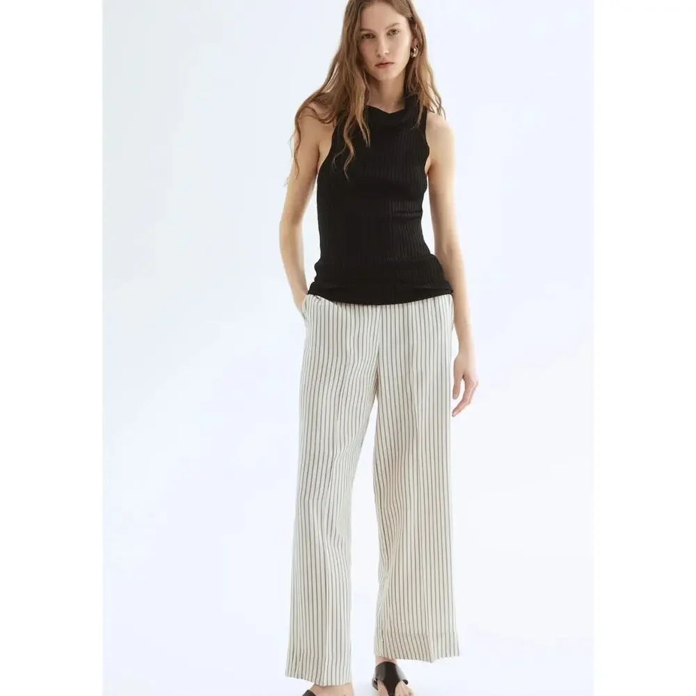 H&M Wide-Cut Pull-on Linen Pants In Taupe White Stripes Size XXL Pockets